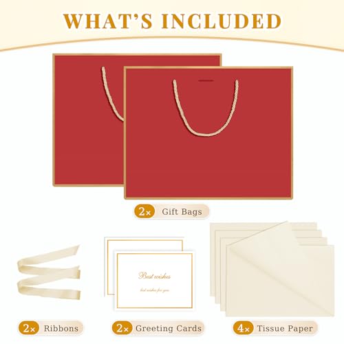 ANZNKU 2PCS Red Gift Bags for Women, Medium Gift Bags with Handles 4 Tissue Paper 2 Ribbons 2 Cards for Birthday Wedding Graduation Bridal & Baby Shower Engagement Presents Party Favors Wrapping - color: Crimson Red