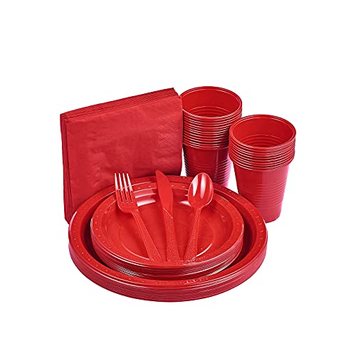 175 PCS Red Plastic Dinnerware Set Includes 50 Plates, 25 Cups, 25 Napkins, 25 Cutlery Spoons Forks & Knives, Disposable Dinnerware Set, Red Party Supplies Set - color: Red
