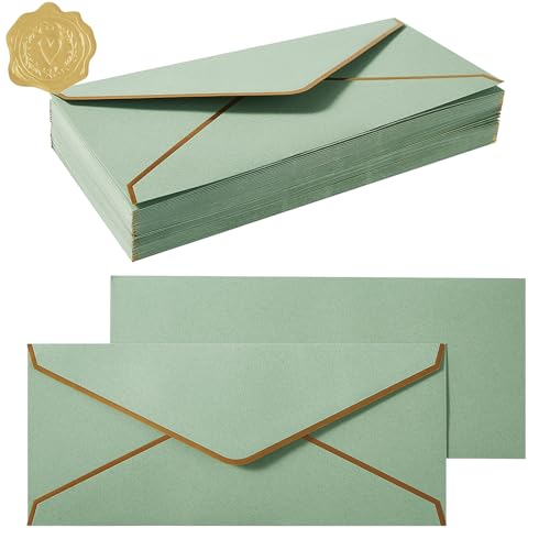 100 Pack #10 Business Envelopes with Gold Stickers, Sage-Green | Self Seal Standard Envelopes with Gold Border, 4 1/8 x 9 1/2 Inches, For Office, Checks, Letter Mailing, Invoices - color: Sage Green