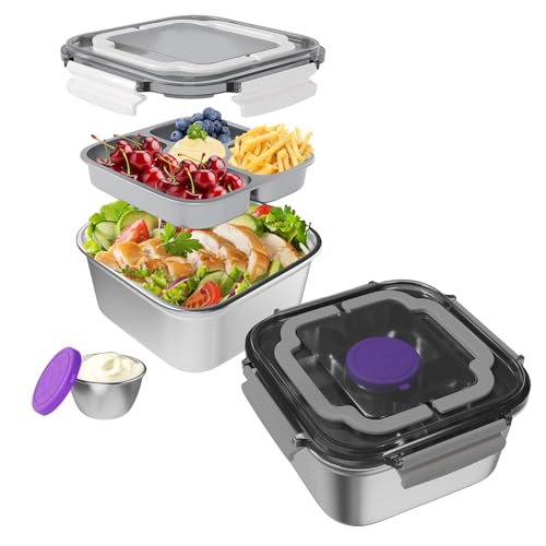 Salad Container for Lunch 2 Pack,3-Compartment Bento-Style Tray,1.5-oz Sacue Container, Dishwasher, Microwave, and Oven Safe (Gray&White) - color: Grey+White