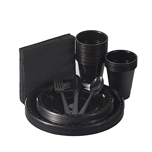 175 PCS Black Party Supplies Disposable Dinnerware Set Plastic Plates and Paper Napkins Cups Silverware Serve 25 Sets for Birthday Bridal Shower Wedding Engagement Graduation Parties - color: Black