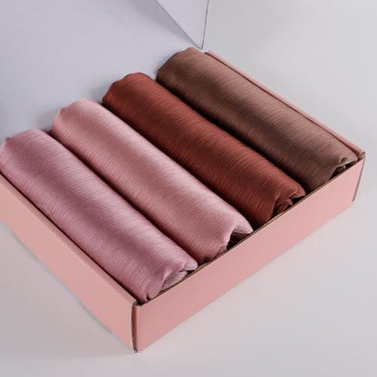Febfim 4PCS Muslim Women Natural Wrinkle Long Satin Crepe Hijab Set Scarves Smooth Crinkle Ladies Shawl Wrap Set - color: Color 3