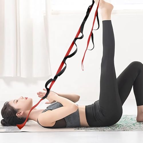 10 Loop Yoga Stretching Strap for Physical Therapy - Non-Elastic Exercise Band for Pilates, Yoga, Stretching for Women & Men - color: Red+Black