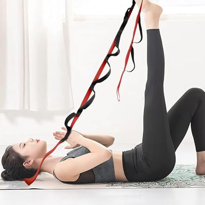10 Loop Yoga Stretching Strap for Physical Therapy - Non-Elastic Exercise Band for Pilates, Yoga, Stretching for Women & Men - color: Red+Black