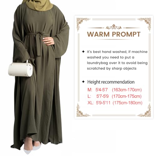 2PCS Women's Muslim Dresses Abaya Islamic Dubai Prayer Dress Robe Long Cardigan Maxi Dress - color: Army Green, size: Large