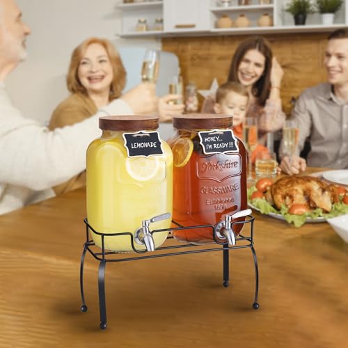 mustry Glass Drink Dispenser for Parties, 1 Gallon Beverage Dispenser with Stand and Spigot Solid Stainless Steel, Used as Lemonade Dispenser Sun Tea Jar Kombucha Jar, Set of 2 - size: Double, with Stand