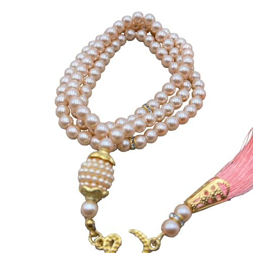 Tasbih Muslim Prayer Praise Beads, 6mm 99 Beads Glass Pearl Muslim Rosary Bracelet with Tassel, Natural Bead Pearls Tassel Pendant, Men Women Meditation Jewelry (Pink a) - color: Pink a