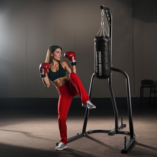 VEVOR Punching Bag Stand, Steel Heavy Duty Workout Training Equipment, Adjustable Height Boxing Punching Stand with Weighted Base, Holds Up to 140 lbs, Freestanding Sandbag Rack for Home Gym Fitness - style: Standard Punching Bag Stand
