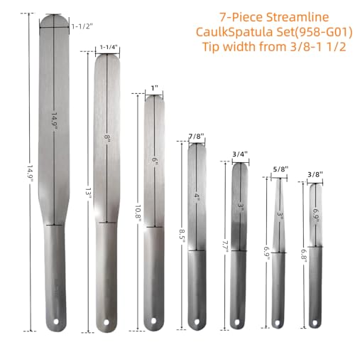 958-G01 Caulking Spatula Tool Set 7-Piece Stainless Steel Caulk Tool Kit, 3/8" to 1-1/2" Multiple Spatula Widths,for Bathtub/Tile/Countertop Caulking Trimming