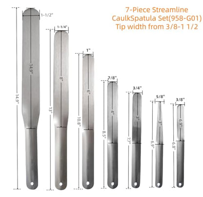 958-G01 Caulking Spatula Tool Set 7-Piece Stainless Steel Caulk Tool Kit, 3/8" to 1-1/2" Multiple Spatula Widths,for Bathtub/Tile/Countertop Caulking Trimming