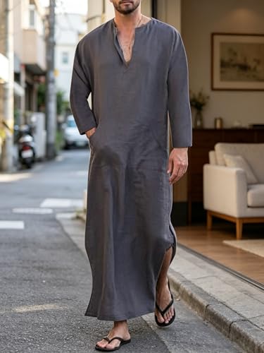 Jacansi Men's 65% Cotton 35% Linen Kaftan Thobe, Long Sleeve Casual Arabic Robe, Loose Long Gown with Pockets - color: Purple-gray #1, size: Medium