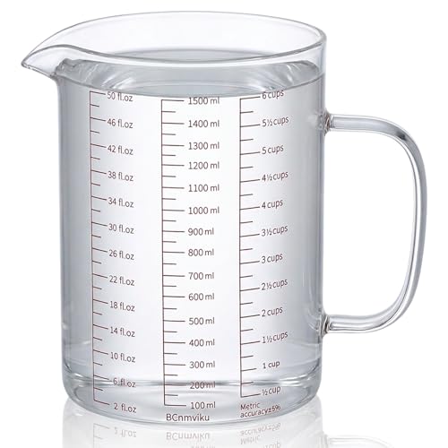 Glass Measuring Cup, 6Cup/1500ml/50oz Glass Liquid Measuring Cup With Handle and V-Shaped Spout High Borosilicate Glass-Measuring-Cup for Kitchen or Restaurant, Easy to Read