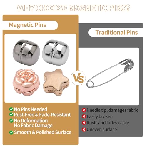Magnetic Hijab Pins,Pinless No-Snag Hijab & Scarf Magnets, Round Flower Star Designs, Gold Silver Rose Gold Gunmetal, Secure Fabric-Friendly Closures
