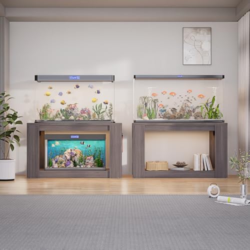 Farmhouse 75–120 Gallon Aquarium Stand for Fish or Reptile Tank, 48"x24" Tabletop Terrarium Stand with Power Outlet and Storage Shelves, Natural Brown Fish Tank Stand, 1500LBS Capacity,Gray Wood