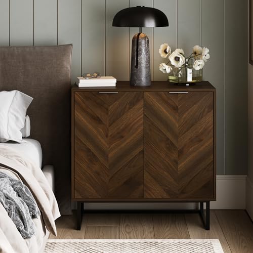 Nathan James Enloe Modern Sideboard Buffet Storage Accent Cabinet with Doors in a Rustic Walnut Finish and Black Matte Metal Base for Hallway, Entryway, Kitchen or Living Room, Walnut/Black - color: Walnut-matte Black, size: Set of 1