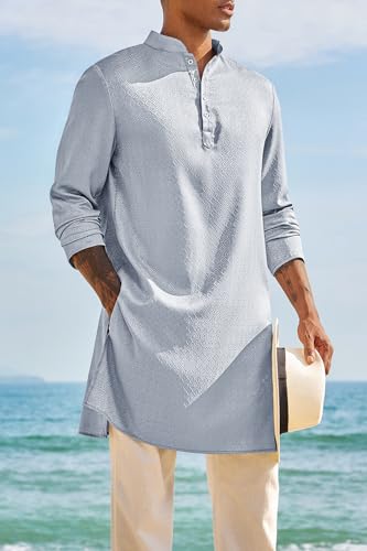 Runcati Mens Kaftan Thobe Textured Henley Shirt Long Sleeve Robe Casual Muslim Gown Shirt - color: Light Grey, size: Medium