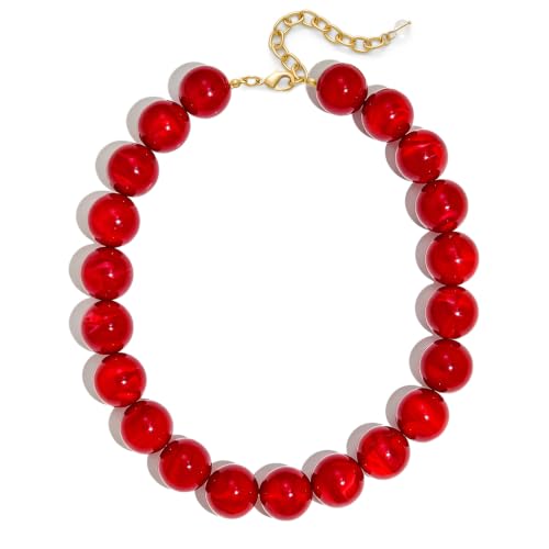 Chunky Beaded Necklace for Women Colorful Big Bead Choker Necklace Fashion Trendy Summer Boho Large Bead Statement Necklaces Beach Vocation Holiday Jewelry Gifts - color: Red Beaded