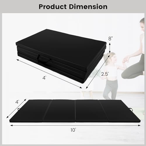 Goplus Folding Gymnastics Mat, 10’ x 4’ x 2’’ Thick Tumbling Mats with PU Leather, Hook & Loop Fasteners, Portable Handles, 4-Panel Exercise Mat for Home Gym Workouts, Yoga - color: Black