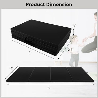 Goplus Folding Gymnastics Mat, 10’ x 4’ x 2’’ Thick Tumbling Mats with PU Leather, Hook & Loop Fasteners, Portable Handles, 4-Panel Exercise Mat for Home Gym Workouts, Yoga - color: Black