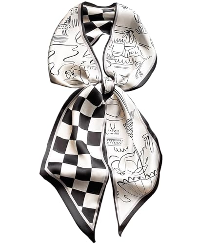 Hioyiwse Head Scarf Hair Neck Scarves For Women Purse Bag Scarfs For Handbags Silky Long Thin Satin Headscarf Fashion - color: B27-black Plaid Stick Figure