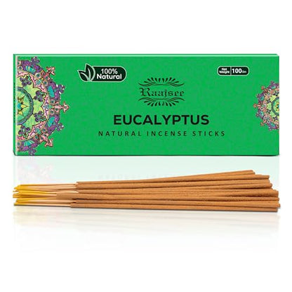 Raajsee Incense Sticks Eucalyptus 100 gm Pack-100% Pure Organic Natural Hand Rolled Free from Chemicals-Perfect for Church, Aromatherapy,Relaxation,Meditation,Positivity & Sensual Therapy - color: Eucalyptus