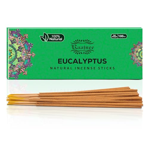 Raajsee Incense Sticks Eucalyptus 100 gm Pack-100% Pure Organic Natural Hand Rolled Free from Chemicals-Perfect for Church, Aromatherapy,Relaxation,Meditation,Positivity & Sensual Therapy - color: Eucalyptus