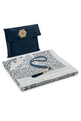 ihvan online Muslim Prayer Rug with Tasbih & Travel Bag, Soft Taffeta Sajadah, Lightweight & Foldable Janamaz, Portable Prayer Mat, Islamic Gift for Eid, Ramadan, Hajj & Umrah, Navy Blue - color: Navy Blue