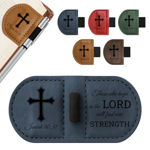 Bygone Mark Personalized Magnetic Leather Bookmark with Pen Holder - Inspirational Bible Verse Scripture Design, Custom Book Marker for Book Lovers Men Women (Blue-Isaiah 40:31) - color: Blue, size: Isaiah 40:31