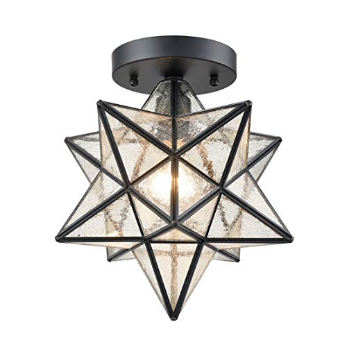 Moravian Star Black Flush Mount Ceiling Light with Seeded Glass - size: Seeded Glass 12in