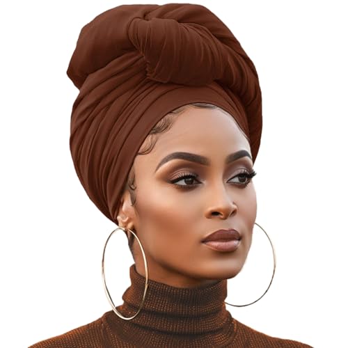 XTREND 1 Piece Head Wraps Stretch Jersey Long Turban Soft Urban Knit Hair Scarfs African Headwrap Solid Color Breathable Fashion Headband Shawls for Women (Coffee) - color: Z1 Coffee