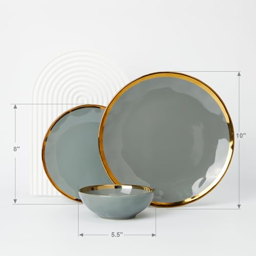 Pokini Porcelain Luxury Dinnerware Sets, Modern Plates and Bowls Sets for 4, Highly Chip and Crack Resistant, Grey and Gold Rim China Dishes Set for Wedding Anniversary - color: Grey and Gold