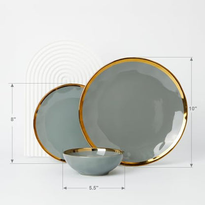 Pokini Porcelain Luxury Dinnerware Sets, Modern Plates and Bowls Sets for 4, Highly Chip and Crack Resistant, Grey and Gold Rim China Dishes Set for Wedding Anniversary - color: Grey and Gold