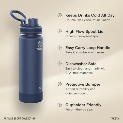 Takeya Actives Stainless Steel Water Bottle, Insulated Spout Lid, Keeps Drinks Cold 24 Hrs, Leakproof, Durable, Dishwasher Safe, Ideal for Gym, Travel, Fits Most Cup Holders, 22 oz/Blush - color: Blush, size: 22 Ounces