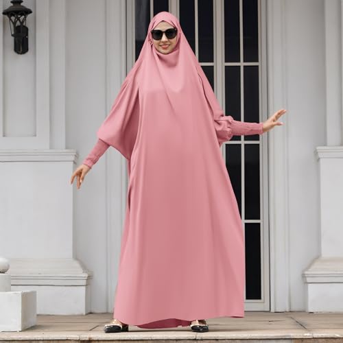 IDOPIP Muslim Abaya for Women One Piece Long Sleeve Islamic Prayer Dress with Hooded Hijab Maxi Kaftan Robe Modest Clothes - color: Pink