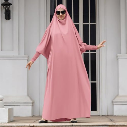 IDOPIP Muslim Abaya for Women One Piece Long Sleeve Islamic Prayer Dress with Hooded Hijab Maxi Kaftan Robe Modest Clothes - color: Pink