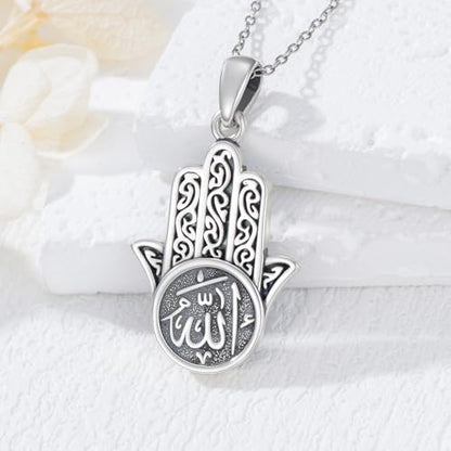 PROESS 925 Sterling Silver Hamsa/Allah Necklace Evil Eye Amulet Jewelry Gifts for Men Women - style: hamsa allah