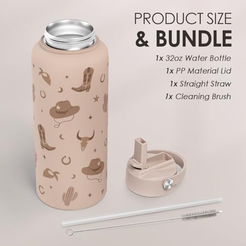 Western Cowgirl Water Bottle 32oz Stainless Steel with Lid, Insulated Bottles for Women Girls, Gift Idea for Birthday Christmas - color: Cowgirl