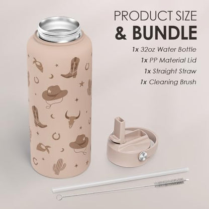 Western Cowgirl Water Bottle 32oz Stainless Steel with Lid, Insulated Bottles for Women Girls, Gift Idea for Birthday Christmas - color: Cowgirl
