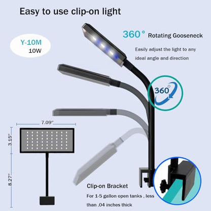 Clip-on Aquarium Light 10w (3 Timers, 3 Modes, 10 Dimming, Split Power) for Coral, Reef, Saltwater Fish, Algae Scrubber Nano/Mini/Pico/Refugium Tank,1-16Gallon(5-16in) Aquarium - size: M-10w