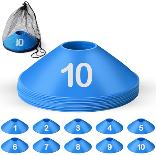 10 Pcs Numbered Sports Disc Cones 1-10 Soccer Cones with Mesh Carry Bag Flexible Agility Cones Soft Field Cones for Gym PE Classes School Activities Games, Sports Training Equipment - color: Blue