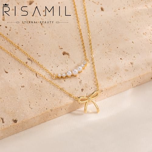 Risamil 여성용 골드 목걸이 - 리본 목걸이 14K 앙증맞은 골드 목걸이 귀엽고 작은 나비 펜던트 초커 체인 목걸이 트렌디 목걸이 여성용 골드 주얼리 선물 - color: 리본 목걸이-8