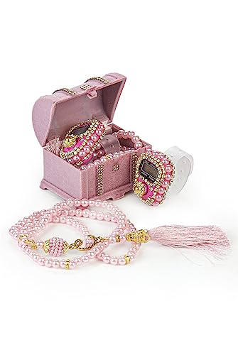 İhvan Online Chest Gift Box with Islamic Finger Counter and Prayer Beads, Portable Digital Tasbeeh, Pearl Zikirmatic Beads, 2 Pieces Gift for Ramadan & Eid & Mevlüt (Pink) - color: Pink