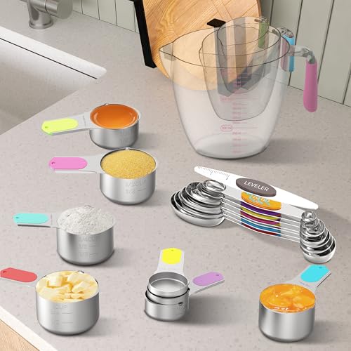 Magnetic Measuring Cups and Spoons Set, 5 Stainless Steel Measuring Cups for Dry and Liquid Ingredients, 7 Magnetic Measuring Spoons, 3 Plastic Measuring Cup with 1 Measuring Conversion Chart