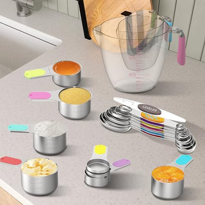 Magnetic Measuring Cups and Spoons Set, 5 Stainless Steel Measuring Cups for Dry and Liquid Ingredients, 7 Magnetic Measuring Spoons, 3 Plastic Measuring Cup with 1 Measuring Conversion Chart