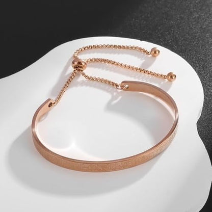 Exquisite Ayatoll Kursi Stainless Steel Engraved Islamic Muslim Verses C-Shape Bracelet with Chains at Both Ends - Unique Design, Arabic Jewelry for Every Occasion, Ramadhan Holiday Gift - color: rose golden