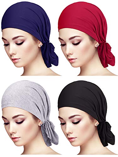 4 Pieces Slip-On Pre-Tied Head Scarves Women Headwear Turban Beanie Caps Head Wrap Headscarf for Women - color: Navy Blue, Wine Red, Grey, Black