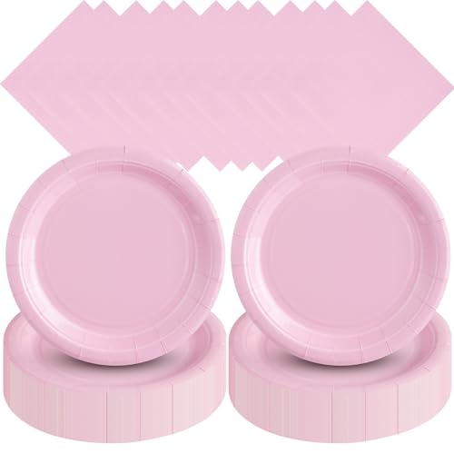 Zhehao 120 Pcs Disposable Paper Dessert Plates and Napkins Set, 7 Inch Party Cake Appetizer Plate with Napkin for Birthday Baby Shower Wedding Easter(Light Pink) - color: Light Pink
