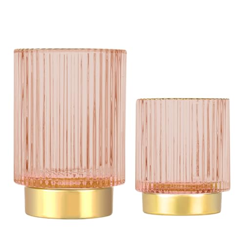DASITON Makeup Brush holder Organizer,Crystal Cosmetic Makeup Brush Glass Brushes Storage Holder, Vintage Make Up Brush Cup Pen Pencil Holder striped vase(Pink S+L) - color: Pink, size: S+L