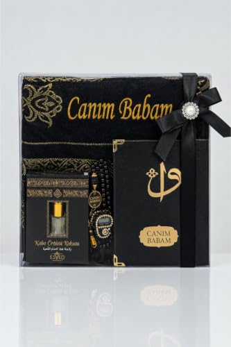SODEF Personalized Prayer Rug Set for Men - Islamic Gift Set with Name Engraved Yasin Book, Rosary, Zikirmatik, and Perfume - Black Cotton - Black, 26x45 inch