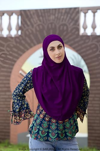 SARJANA Women's Solid Color Cotton Hijab with Under Scarf Cap Ready to Wear Stretch Scarves Long Scarfs FREE SIZE - color: Deep Purple
